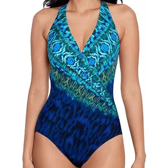 Miraclesuit Alhambra Wrapsody Tummy Control One-Piece Swimsuit Plunging Blue 14 - Picture 1 of 7